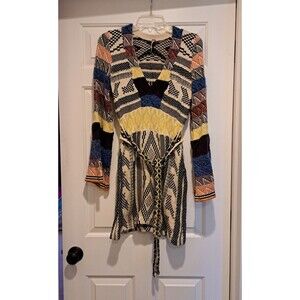 Free People Patchwork Sweater Dress Size XS Colorful Belted Bell Sleeves Boho